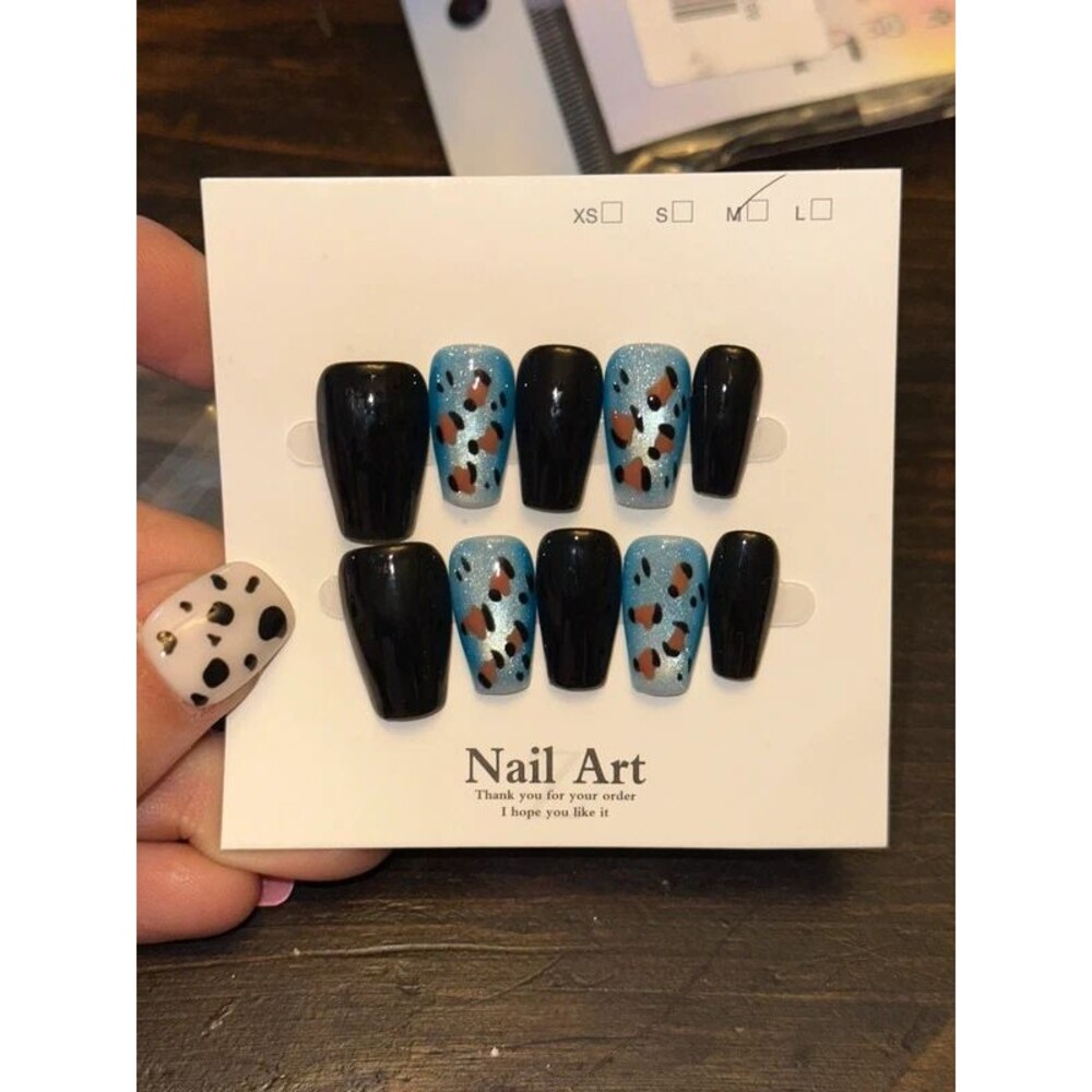 Blue & Black Leopard Print Square Press On Nails Size Medium